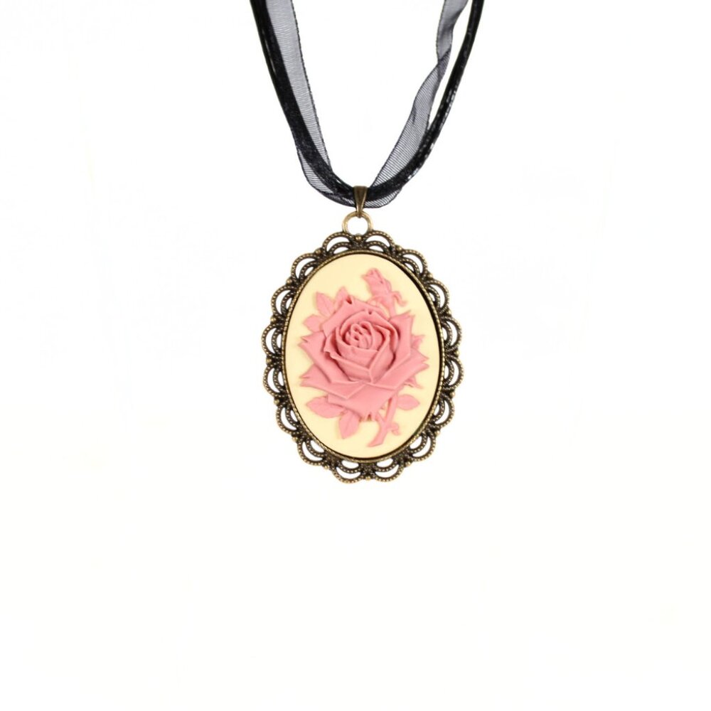Gothic Victorian Rose Cameo Necklace Mauve Pink Rose on Cream